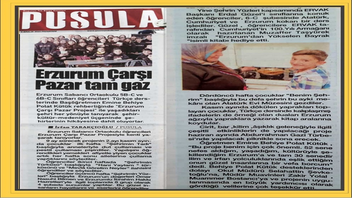 Erzurum Çarşı Pazar Projesi  Kasım Ayı Çalışmalarıyla Pusula Gazetesindeyiz